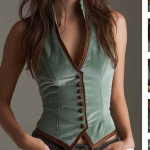 Sage Polyester Velvet And Contrast Leather Trim Slim Fit Vest